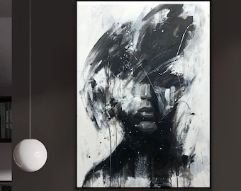 Original Woman Painting On Canvas Black and White Female Portrait Modern Artwork Decor for Bedroom DEEP DOWN