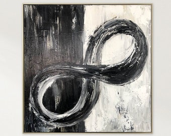 Abstraktes Infinity-Symbol Gemälde auf Leinwand Original Schwarzweiß Kunst Modernes Ölgemälde Strukturierte Handgemalte Kunst für Indie-Raum-Dekor