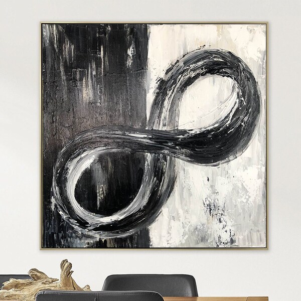 Abstract Infinity Symbol Paintings On Canvas Original Black And White Art Modern Oil Painting Textured Hand Painted Art for Indie Room Decor