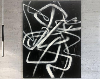 Zwart-wit lijn olieverfschilderijen op canvas originele minimalistische moderne zwarte kunst canvas muur overhandigen decor voor woonkamer