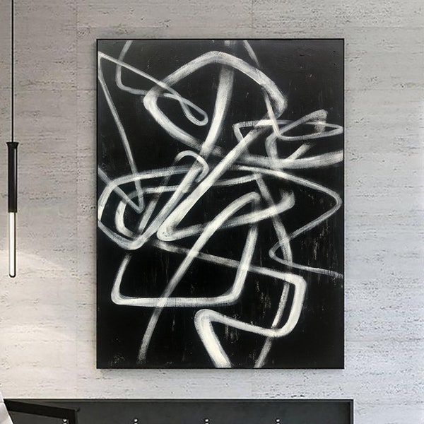 Black And White Line Oil Paintings On Canvas Original Minimalist ModernBlack Art Canvas Wall Handing Decor for Living Room