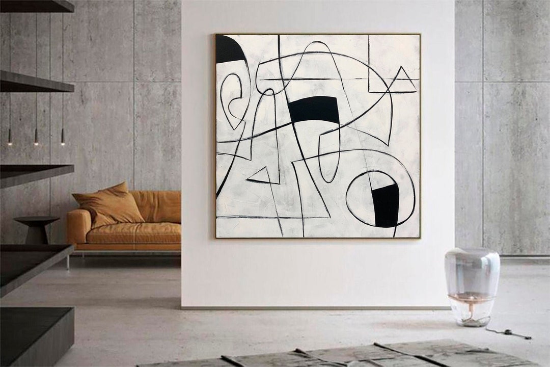 Geometric Line Art – Black & White Abstract Painting on Canvas - Etsy