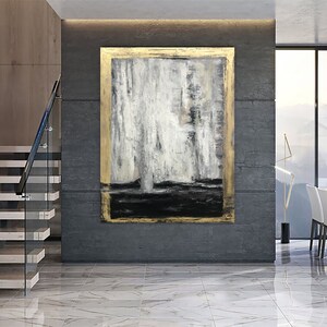 Gold Leaf Contour Painting Large Gold Leaf Artwork Gray Painting Decor Golden Wall Art Oversized Paintings on Canvas Rich Textured Artwork image 4