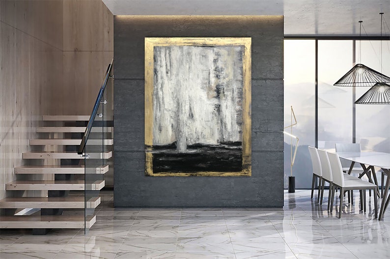 Gold Leaf Contour Painting Large Gold Leaf Artwork Gray Painting Decor Golden Wall Art Oversized Paintings on Canvas Rich Textured Artwork image 4