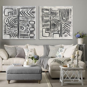 Extra Large Black And White Canvas Art Symbols Painting Abstract Shapes Art Black and White Luxury Painting Acrylic Painting Modern Artwork image 2