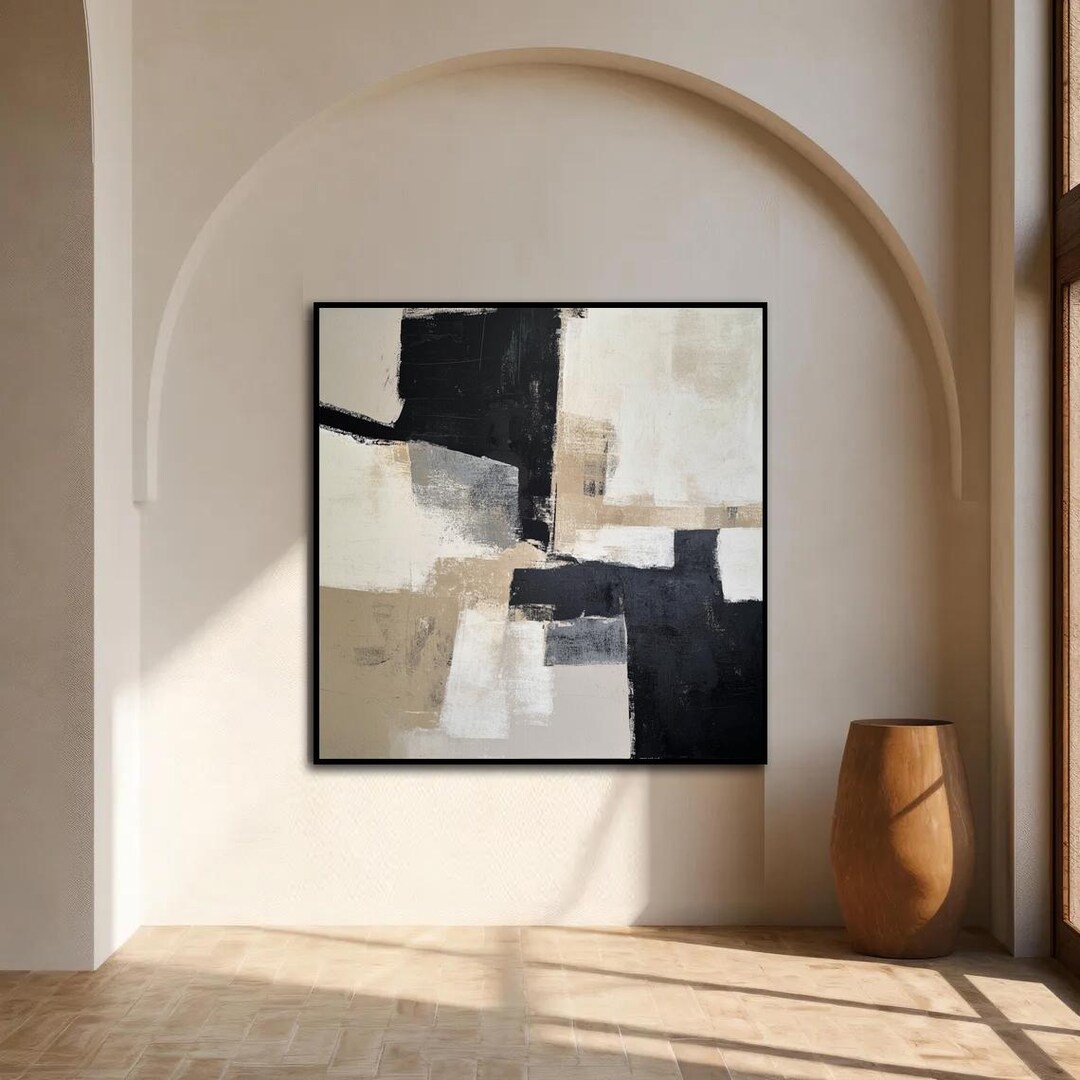 Neutral Abstract Canvas Art: Beige Black Modern Geometric Wall Decor - Etsy