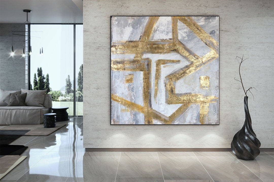 Large Gold Abstract Geometric Painting: Textured Canvas Wall Art for ...