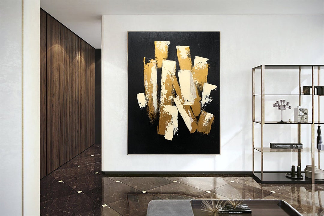 Large Gold Leaf Abstract Painting Black Gold Canvas Art Modern Luxury ...