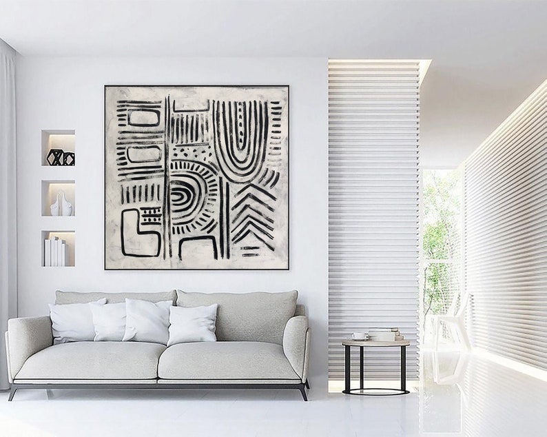 Modern Black And White Painting on Canvas Eclectic Wall Art Black and White Symbols Painting Contemporary Art Commission Artwork image 1