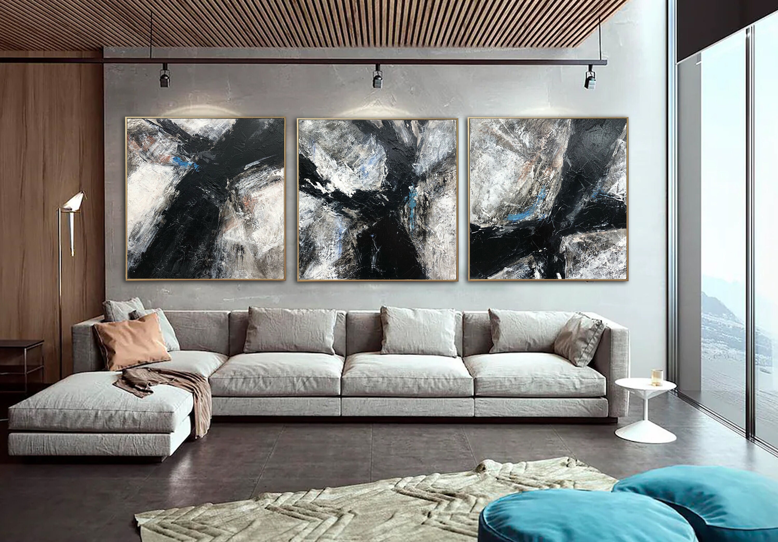 Abstract Black and White Paintings on Canvas Triptych Wall Art | Etsy