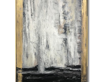 Textured Black and White Abstract with Gold Frame