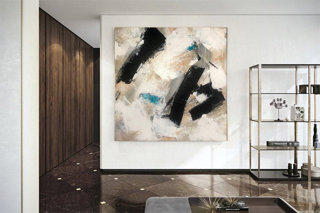 Large Beige Abstract Painting, Black White Minimalist Canvas Wall Art ...