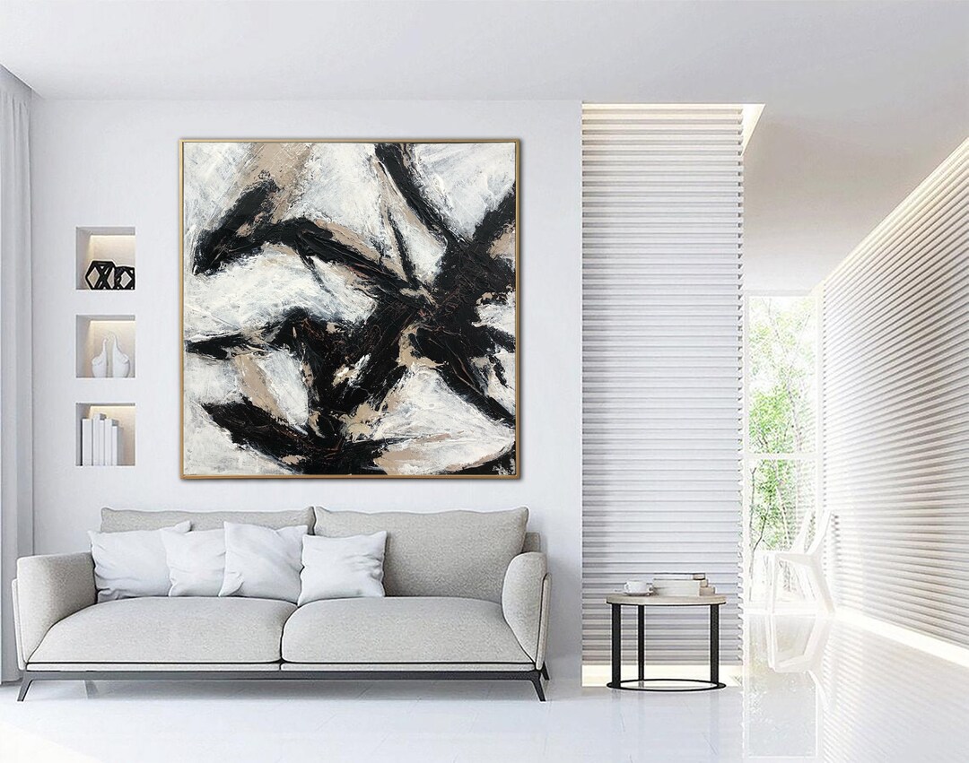 Large Black and White Abstract Painting, Modern Minimalist Wall Art for ...