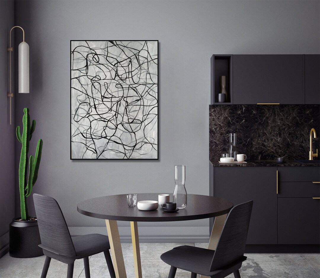 Abstract Line Pating Large Abstract Line Painting: Black White Scribble Canvas Wall Art ...