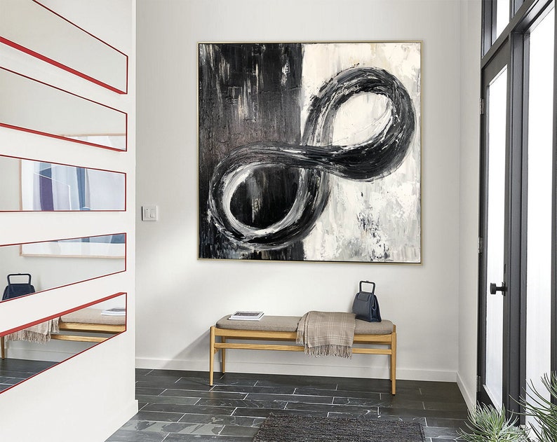 Abstraktes Infinity-Symbol Gemälde auf Leinwand Original Schwarzweiß Kunst Modernes Ölgemälde Strukturierte Handgemalte Kunst für Indie-Raum-Dekor Bild 3