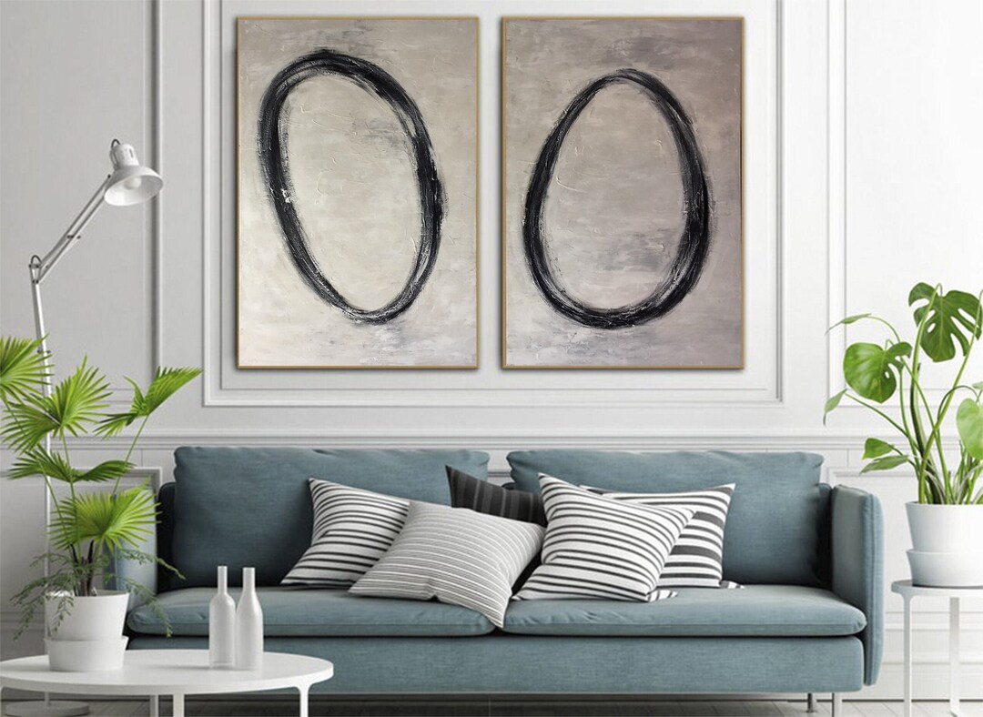 Large Abstract Circles Artwork Set of 2 Paintings on Canvas, Black and