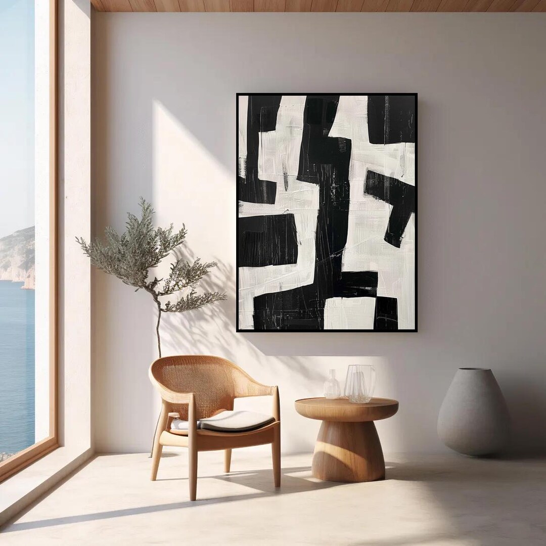 Large Black White Abstract Geometric Painting – Modern Minimalist Wall ...