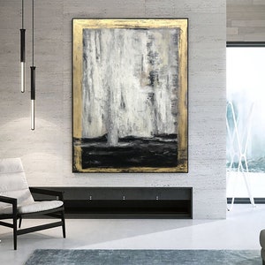 Gold Leaf Contour Painting Large Gold Leaf Artwork Gray Painting Decor Golden Wall Art Oversized Paintings on Canvas Rich Textured Artwork image 2