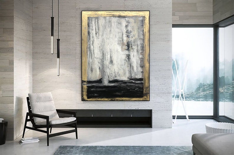 Gold Leaf Contour Painting Large Gold Leaf Artwork Gray Painting Decor Golden Wall Art Oversized Paintings on Canvas Rich Textured Artwork image 2