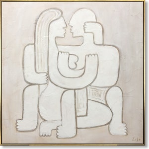 オリジナル抽象人間カップルアートモノクロロマンチック抱擁キャンバス絵画モダンニュートラルトーン比喩アート寝室壁装飾