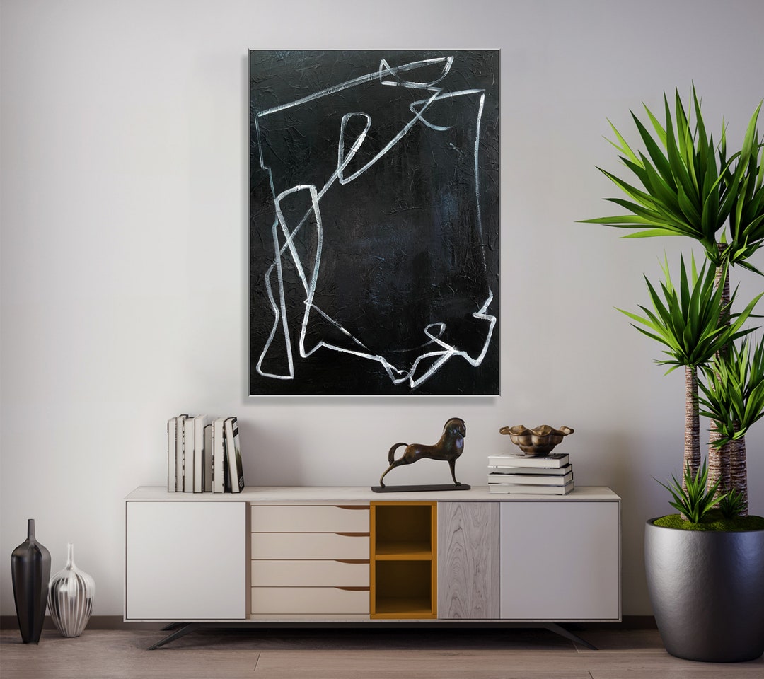 Original Abstract Black and White Lines Oil Paintings on Canvas Modern ...