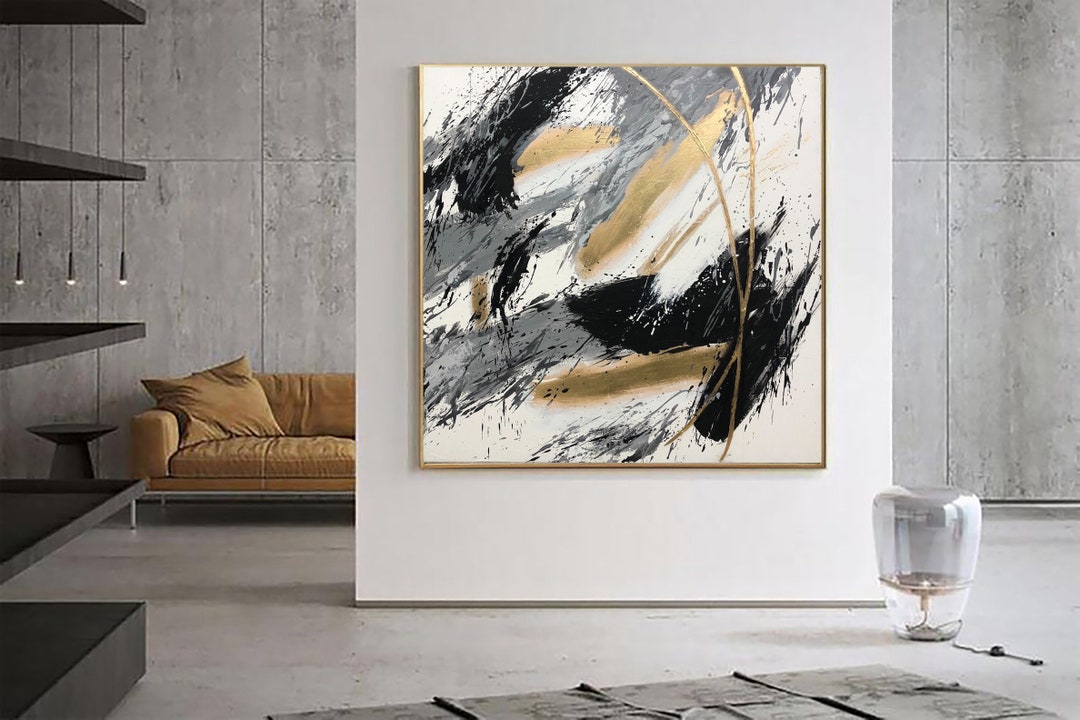 Large Black Gray Gold Leaf Abstract Painting - Modern Textured Wall Art ...