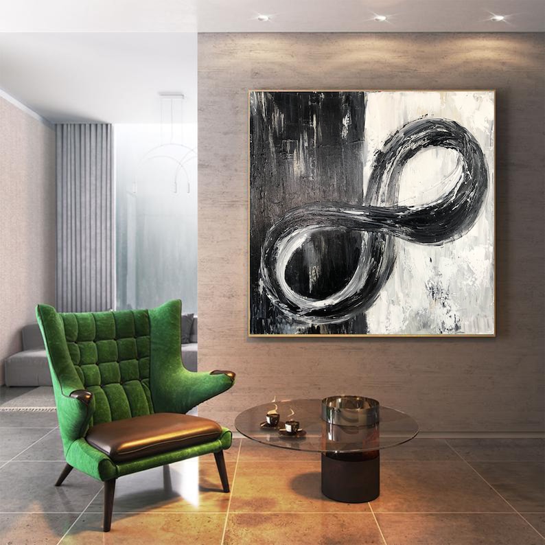Abstraktes Infinity-Symbol Gemälde auf Leinwand Original Schwarzweiß Kunst Modernes Ölgemälde Strukturierte Handgemalte Kunst für Indie-Raum-Dekor Bild 4