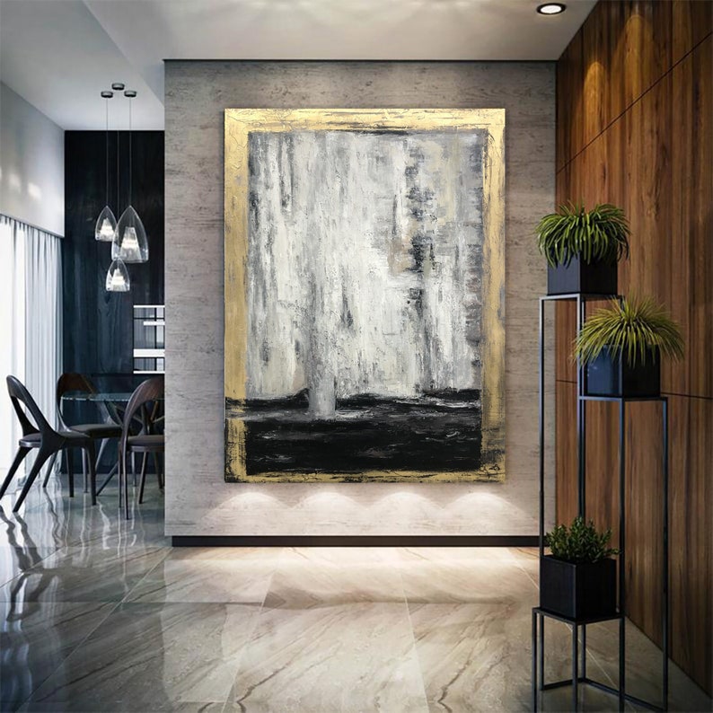 Gold Leaf Contour Painting Large Gold Leaf Artwork Gray Painting Decor Golden Wall Art Oversized Paintings on Canvas Rich Textured Artwork image 1