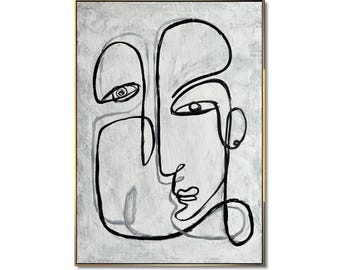 Minimalist Line Face Art – Black on White Canvas Painting