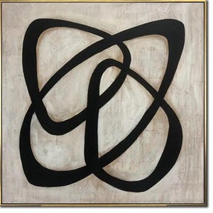 May include: Abstract art painting with black lines on a beige background. The lines are curved and create a sense of movement.