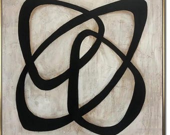 Abstract Black Line Art on Beige Textured Background