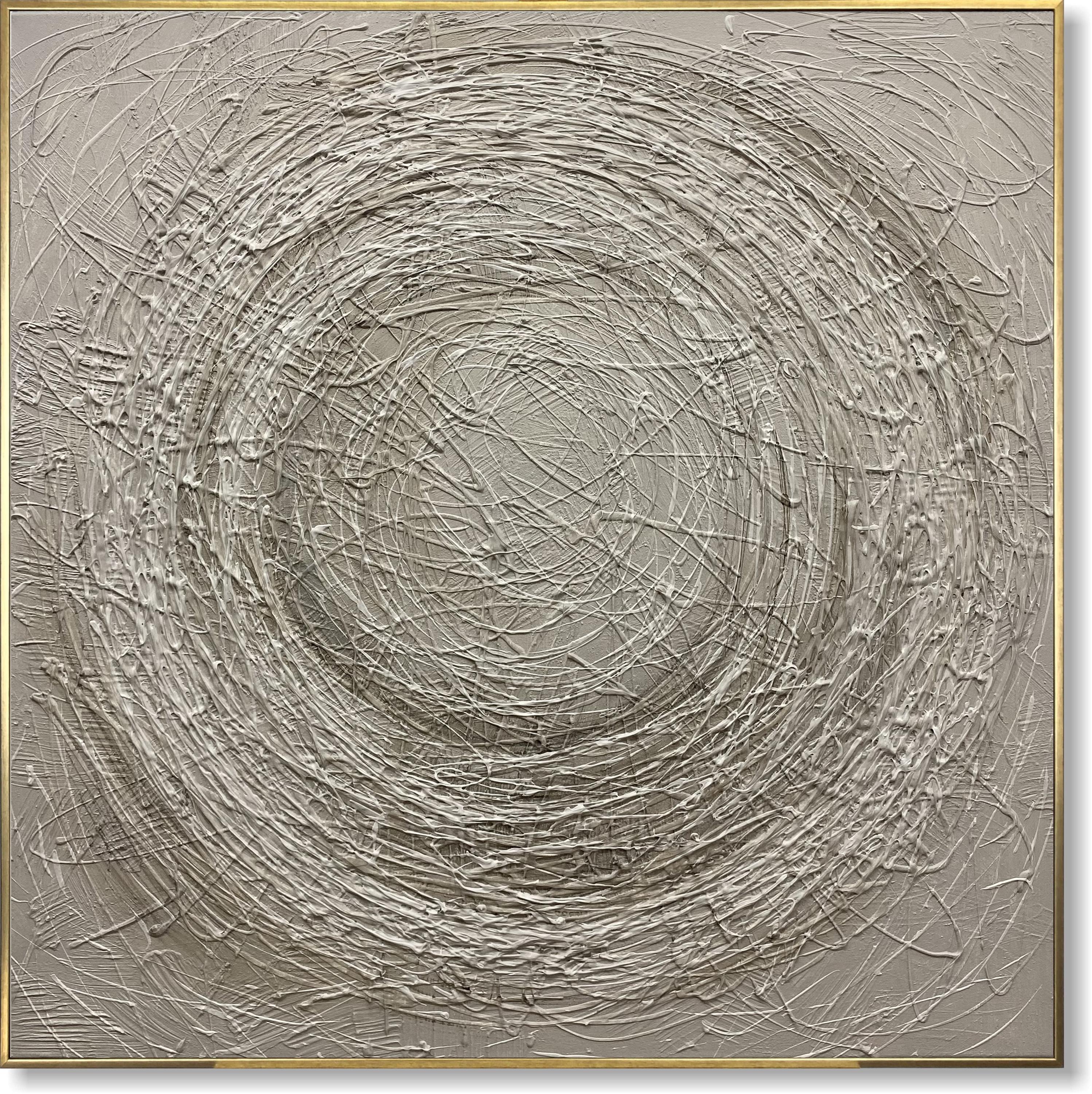 抽象的な月の満ち欠けのキャンバス絵画、テクスチャーのある宇宙アート