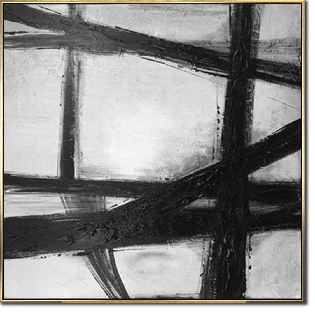Large Abstract Black and White Painting on Canvas – Modern Minimalist ...