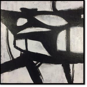 Arte murale minimalista monocromatica, tela espressionista astratta nera e bianca, dipinto originale, pezzo moderno geometrico ad alto contrasto.