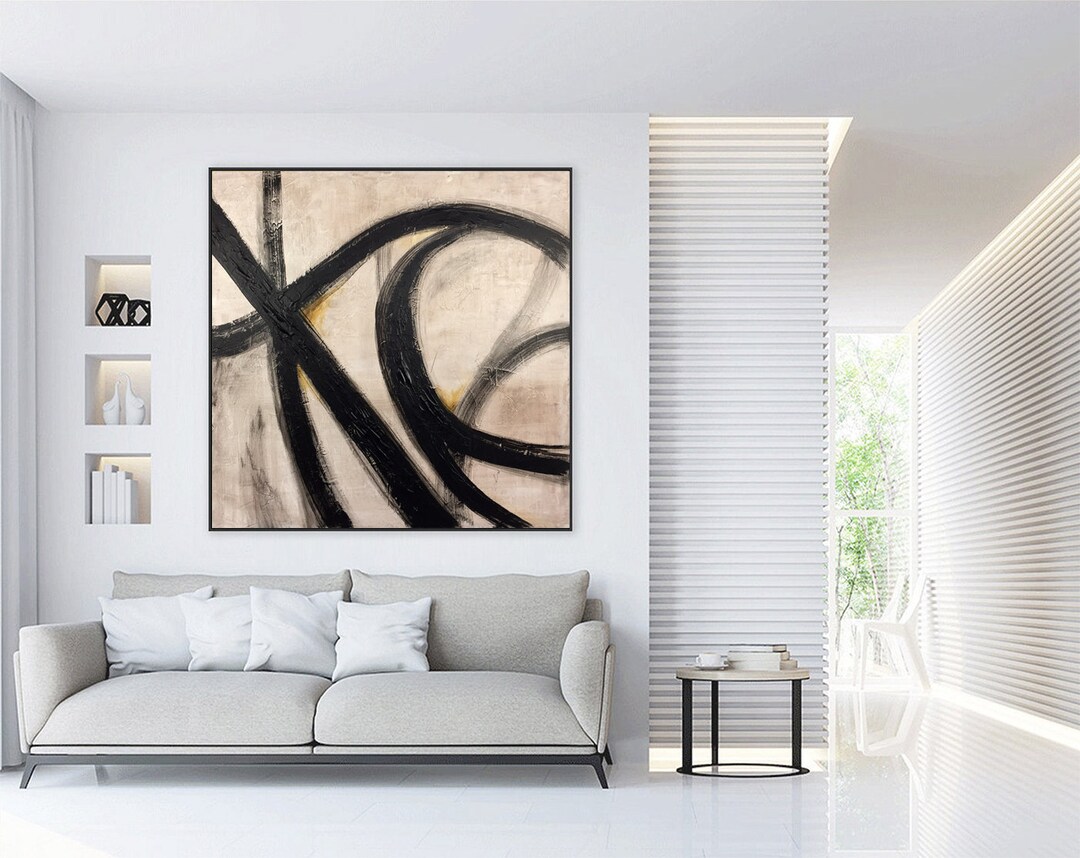 Large Black Beige Abstract Wall Art Painting - Textured Gold Accent ...