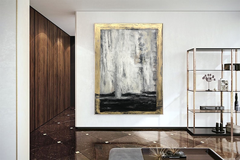 Gold Leaf Contour Painting Large Gold Leaf Artwork Gray Painting Decor Golden Wall Art Oversized Paintings on Canvas Rich Textured Artwork image 3