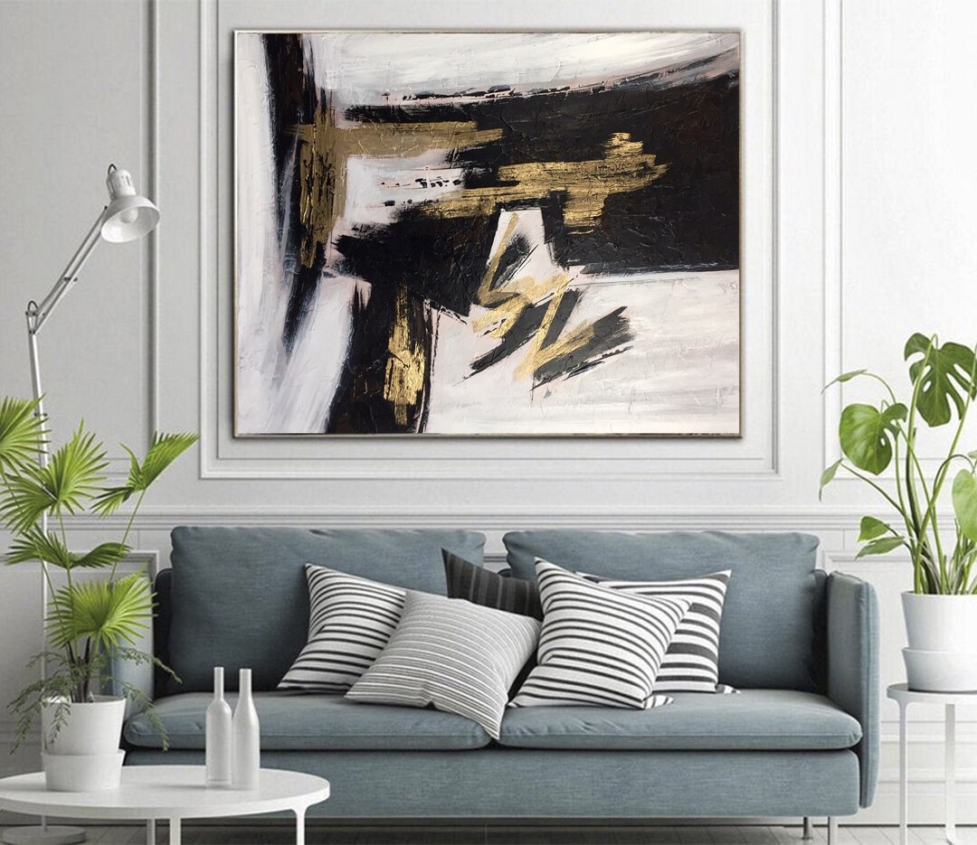 Large Textured Abstract Painting, Black White Gold Leaf Wall Art - Etsy