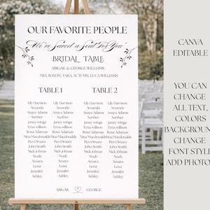 Op de afbeelding: Een witte trouwzitting op een ezel. De kaart bevat elegante kalligrafie met gastnamen georganiseerd per tafel. Tekst bevat "Our Favorite People" en "Bridal Table". Extra tekst: Canva bewerkbaar.