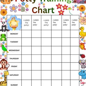 以下が含まれることがあります： 「Potty Training Chart」の文字が上部に書かれた、カラフルなおむつはずしトレーニングチャート。週ごとのスペースがあり、上部には「I used the potty!」の文字が書かれています。チャートは漫画の動物や花で飾られています。