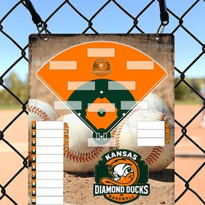 May include: A baseball lineup and score board featuring the Kansas Diamond Ducks logo. The board has an orange and green baseball field design with space for lineup, subs, and runs. It is hanging on a chain-link fence.