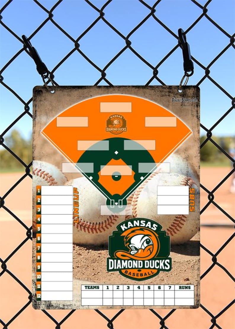 May include: A baseball lineup and score board featuring the Kansas Diamond Ducks logo. The board has an orange and green baseball field design with space for lineup, subs, and runs. It is hanging on a chain-link fence.