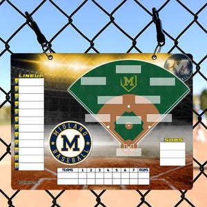 May include: A rectangular baseball lineup board with a green and brown baseball field design. The board features the text "LINEUP", "TEAMS", "SUBS", and "RUNS". The Midland Baseball logo is prominently displayed. The board is hanging on a chain-link fence.