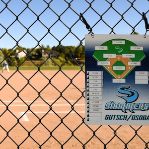 May include: A baseball lineup card with the team name "Slammers" and the names of the players. The card is hanging on a chain-link fence with a baseball field in the background.