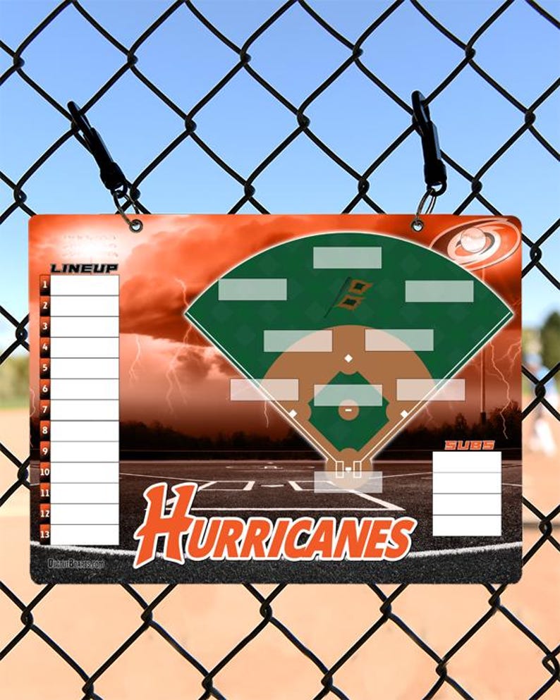 May include: A baseball lineup board featuring a baseball field diagram in green and brown, with the word "HURRICANES" in orange. The board includes space for lineup and substitutions, with a stormy orange background.