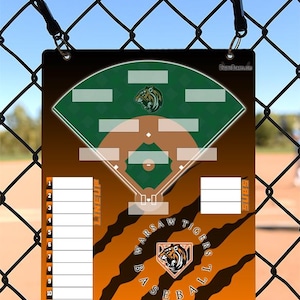 May include: Baseball lineup and score board featuring a baseball field diagram in green and white. The board has the text "WARSAW TIGERS BASEBALL" and a tiger logo. Includes space for lineup, subs, and runs.