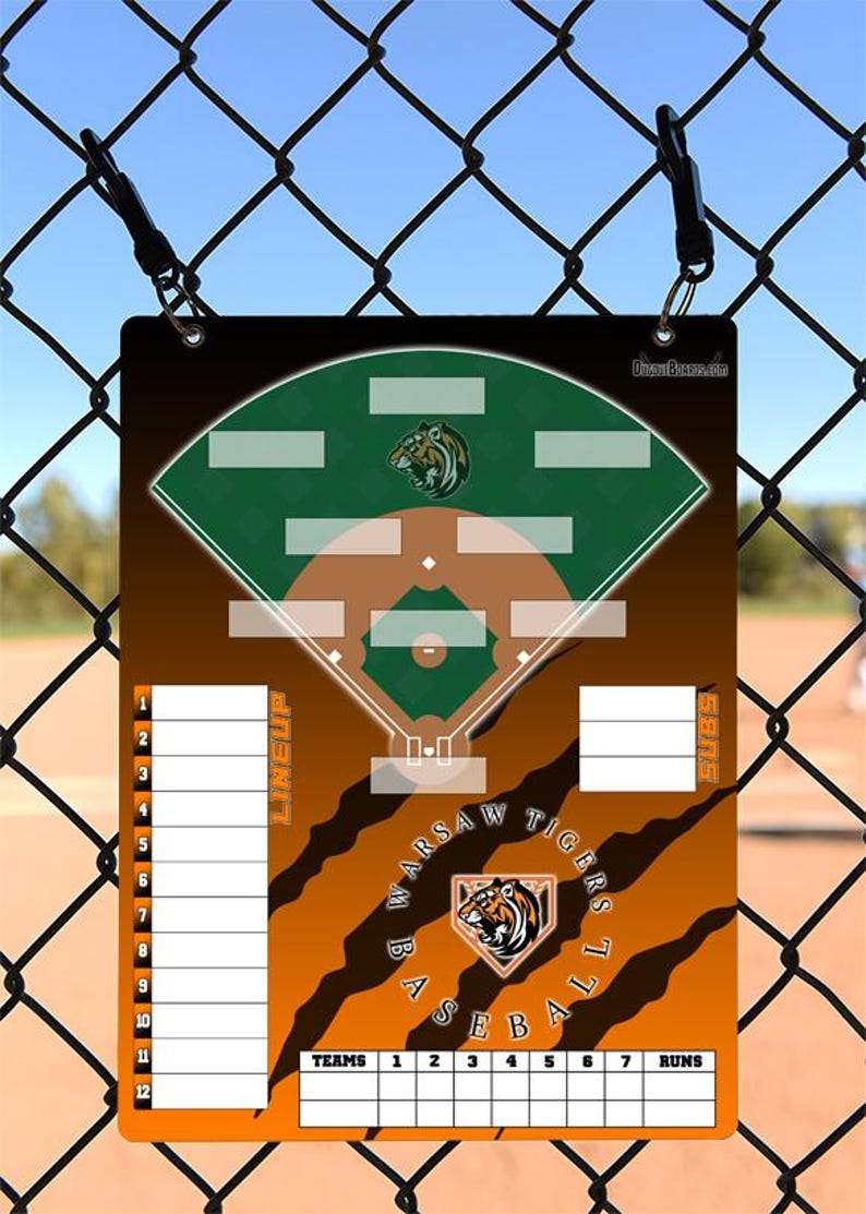 May include: Baseball lineup and score board featuring a baseball field diagram in green and white. The board has the text "WARSAW TIGERS BASEBALL" and a tiger logo. Includes space for lineup, subs, and runs.