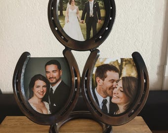 Rustic Horseshoe Picture Frame – Western Farmhouse Photo Holder, Handmade Cowboy Decor, Unique Country Wedding Gift (3 Picture version)