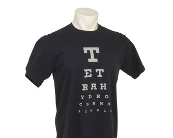 TH-See Eye Chart, T-Shirt, Tetrahydrocannabinol, Mens fit, Graphic, Cotton, USA Grown, Made in USA, Black, Green, Cannabis Dyed,