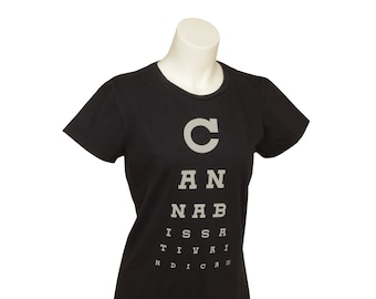 Cannabis Eye Chart, Cannabis, Sativa, Indica, Women's, Black, Green, T-Shirt, Cotton, Made in USA, Grown in USA