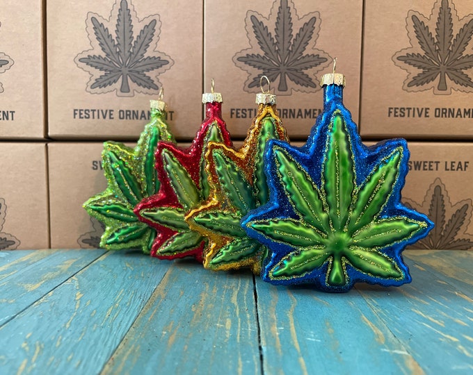 Cannabis Leaf Ornament 4 pack, includes Red, Blue, Green, and Gold, Weed, Ganja